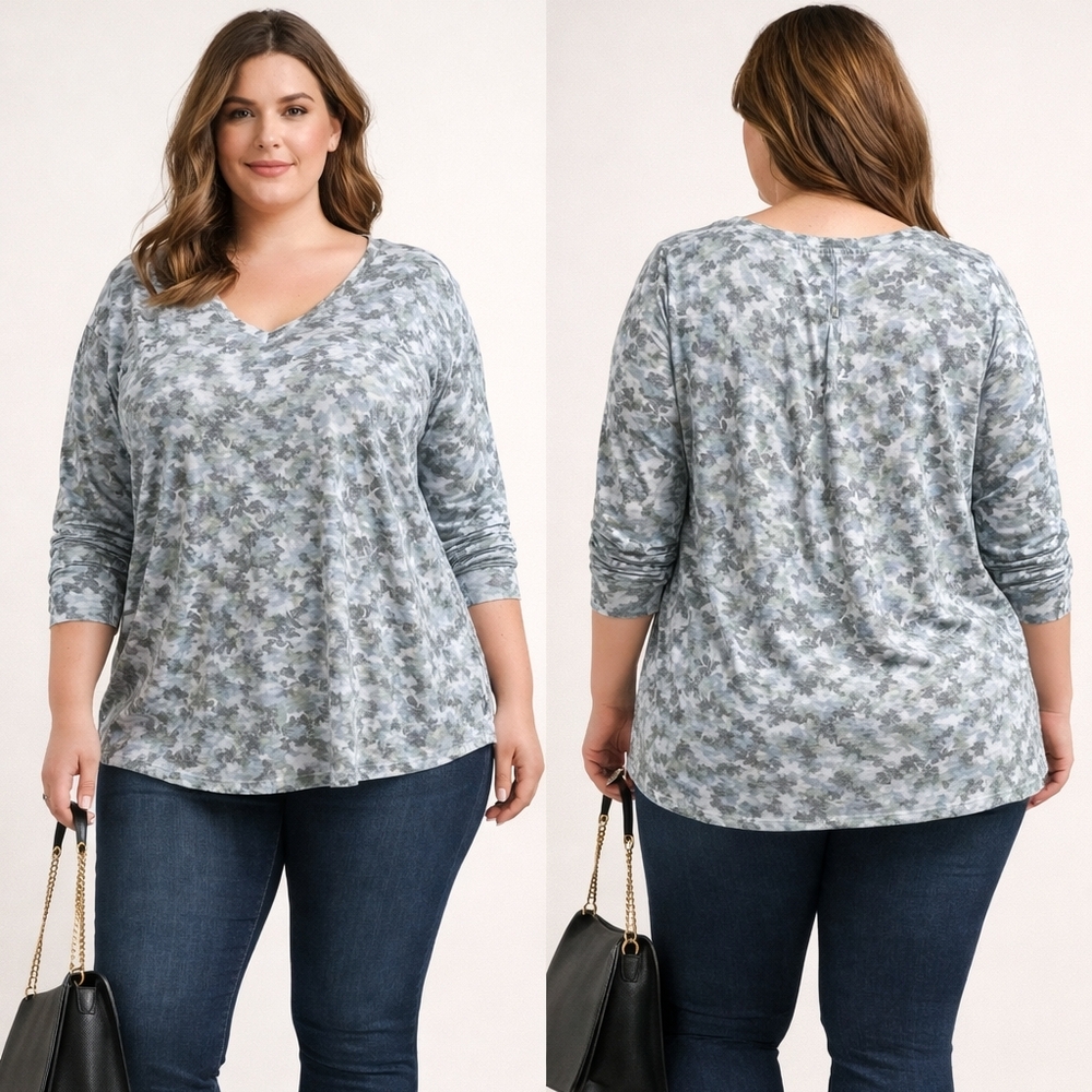 Democracy Women’s 1X Floral Print Top | Gray Soft Stretch Knit | NWTEffortless